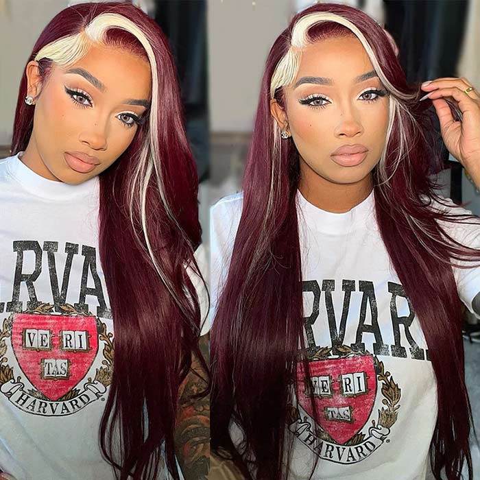 99J Burgundy Skunk Stripe Wig Highlight Blonde Body Wave 13x4 Lace Front Human Hair Wigs - Image 3