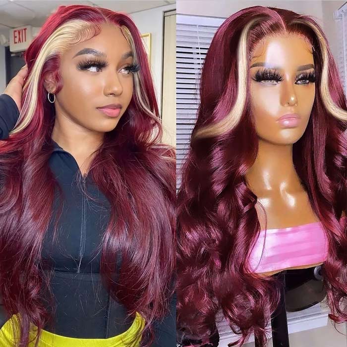99J Burgundy Skunk Stripe Wig Highlight Blonde Body Wave 13x4 Lace Front Human Hair Wigs - Image 5
