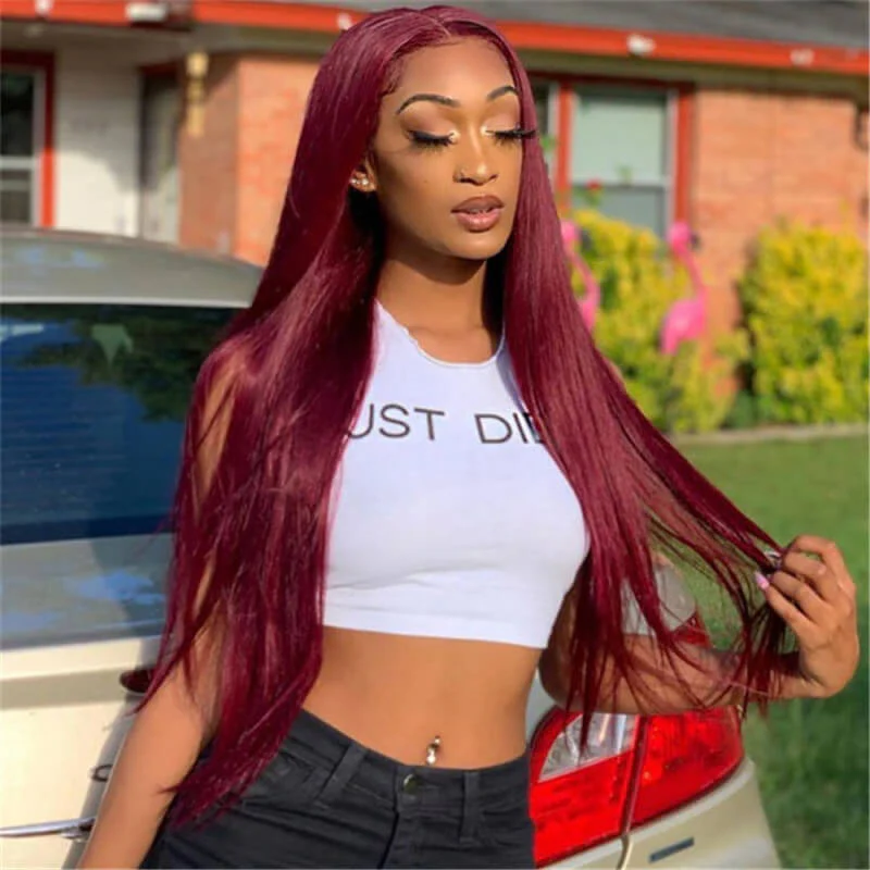 99J Straight 13x4 Burgundy HD Transparent Lace Front Pre Plucked Colored Human Hair Wigs for Women - Image 4