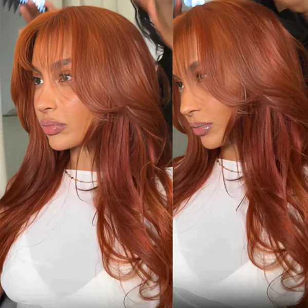 Curtain Bangs Glueless HD Lace Wig Reddish Brown Straight Human Hair Wigs with Adjustable Strap - Image 5