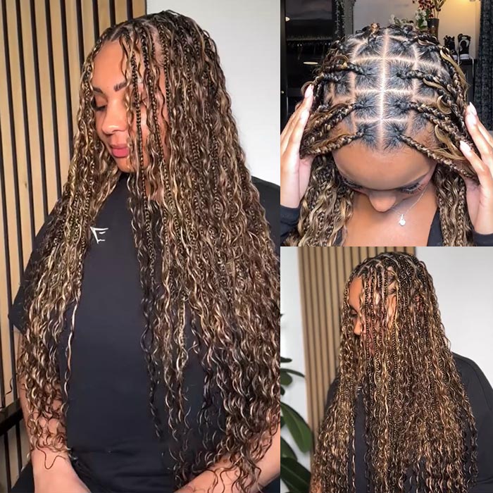 Highlight Brown Blonde Water Wave Knotless Boho Braided Glueless Wig Drawstring 13x6 Lace Frontal Wig - Image 3