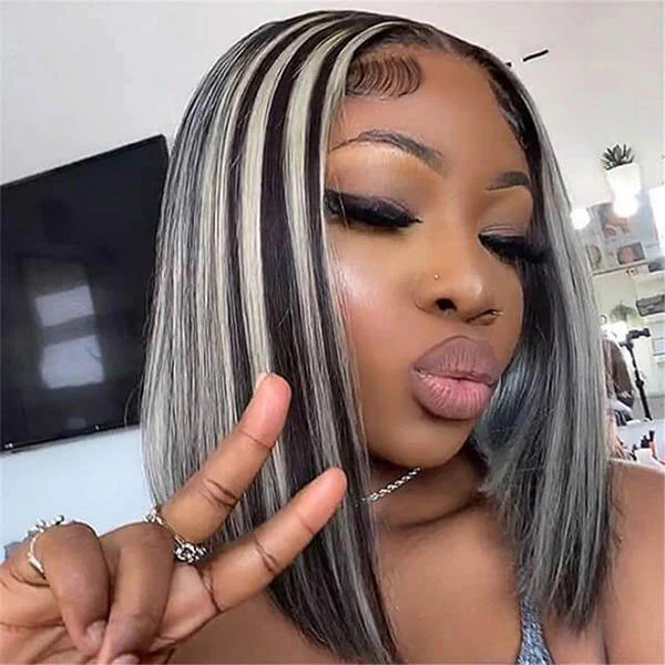 Platinum Blonde Highlight Straight Bob Wig 1B/613 Mixed Color HD Lace Short Human Hair Wigs - Image 3
