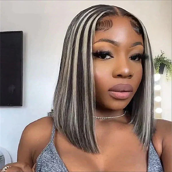 Platinum Blonde Highlight Straight Bob Wig 1B/613 Mixed Color HD Lace Short Human Hair Wigs - Image 4