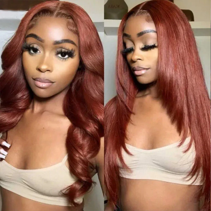 Reddish Brown Straight Layered Cut 13x4/13x6 Lace Front Wig #33 Auburn Color Human Hair Wigs - Image 7